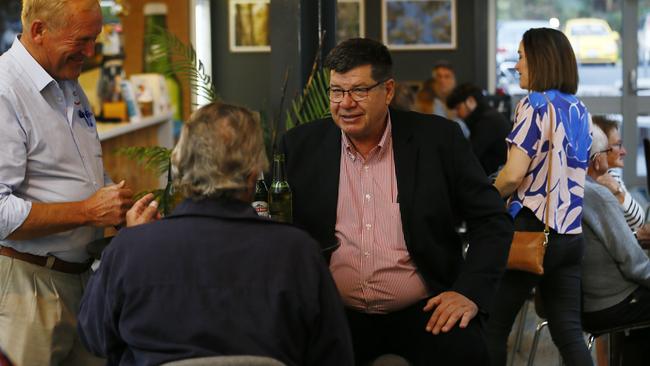 Counting in the Tasmanian council elections as candidates meet at C3 Church, South Hobart to see the results. Tony Mulder (left) speaks with Huon hopeful Mick Newell. Picture: MATT THOMPSON