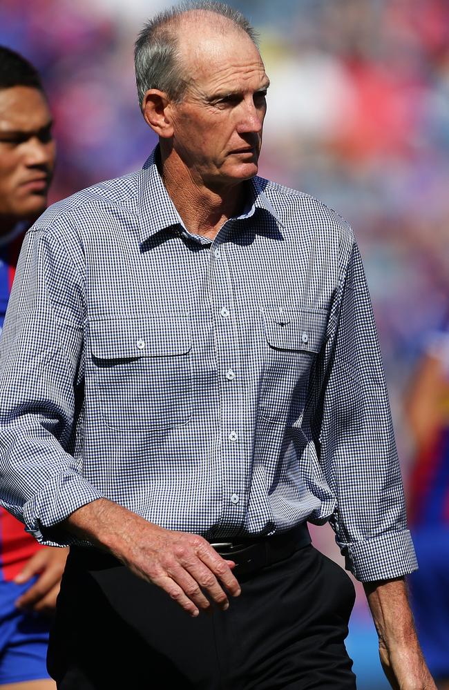 Newcastle coach Wayne Bennett leaves the field after the Alex McKinnon match earlier this season.