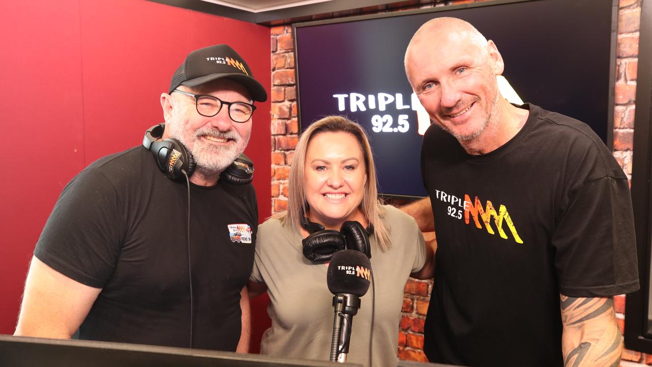 Triple M Breakfast announcers Ali Plath, Sean Flanagan and Peter ‘Spida’ Everitt. Picture: Glenn Hampson