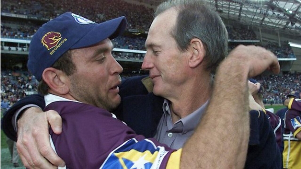 Gorden Tallis (L) and Wayne Bennett (R) won three premierships together at Brisbane during a golden era for the club. Picture: Supplied.