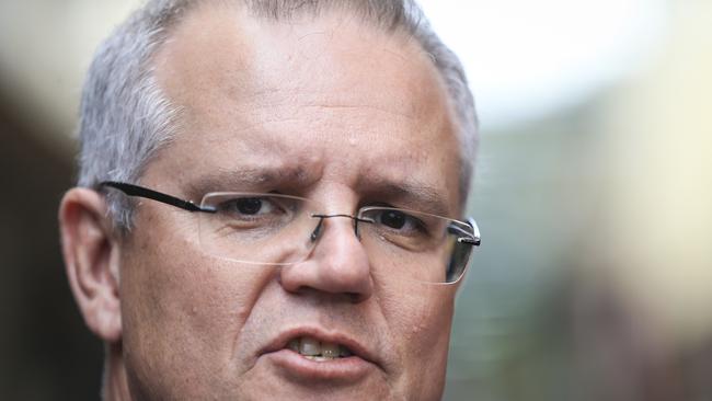 Prime Minister Scott Morrison addresses media as he visits Albury, New South Wales. Picture: Dylan Robinson