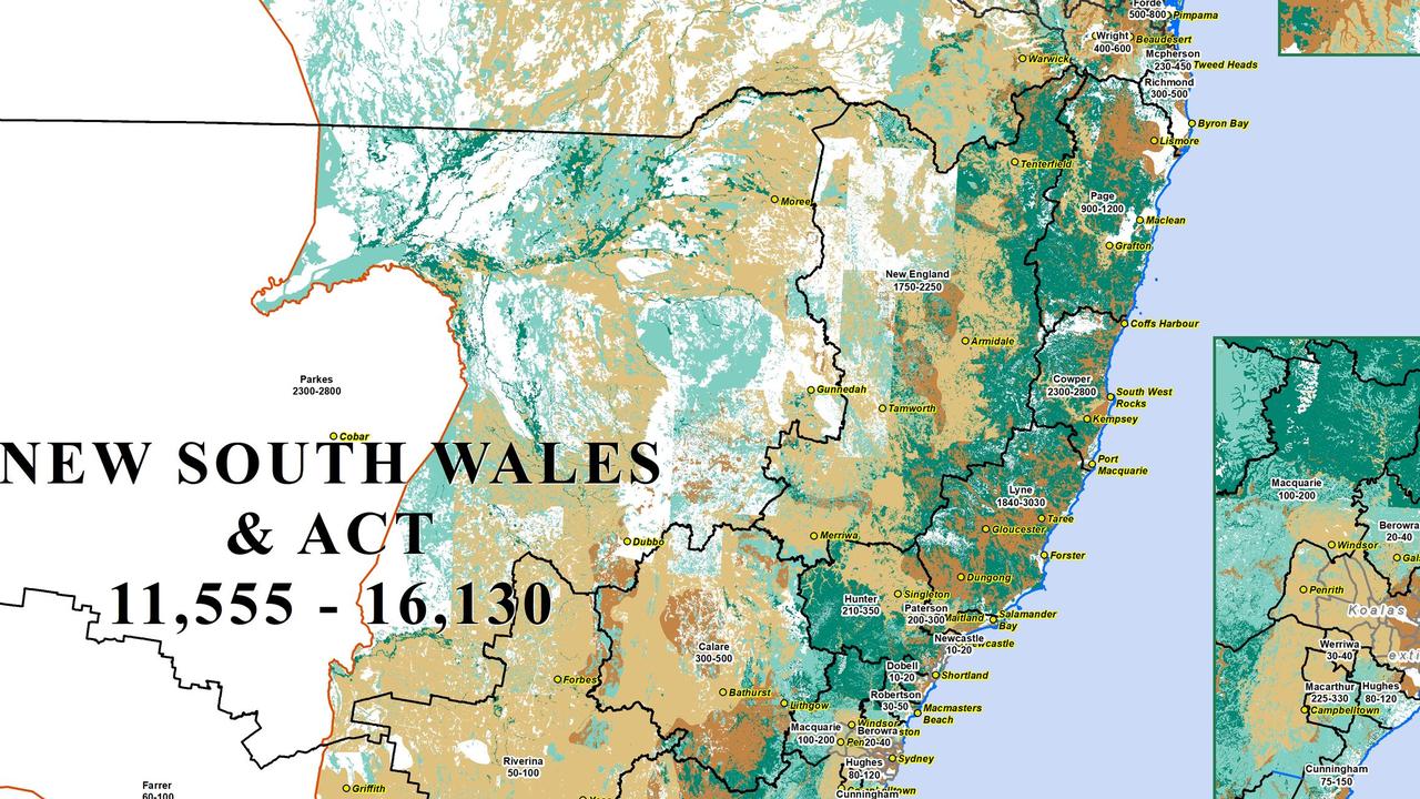 The Australian Koala Foundation's maps show the estimated population of koalas and they've available habitat.