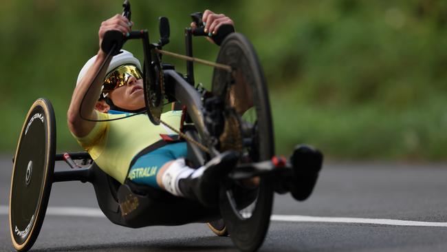 Lauren Parker of Team Australia on her way to silver in the cycling time trial. Picture: Getty Images.