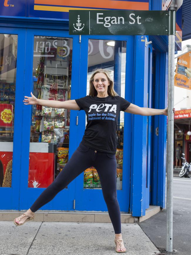 Emma Hurst from PETA on Egan St, Newtown. Picture: Matthew Vasilescu