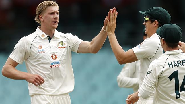 Will Sutherland celebrates his one wicket for Australia A against India. Picture: Phil Hillyard