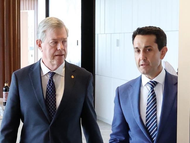 Minister for Health and Ambulance Services Tim Nicholls and Premier David Crisafulli, during a media conference, Brisbane. Picture: Liam Kidston