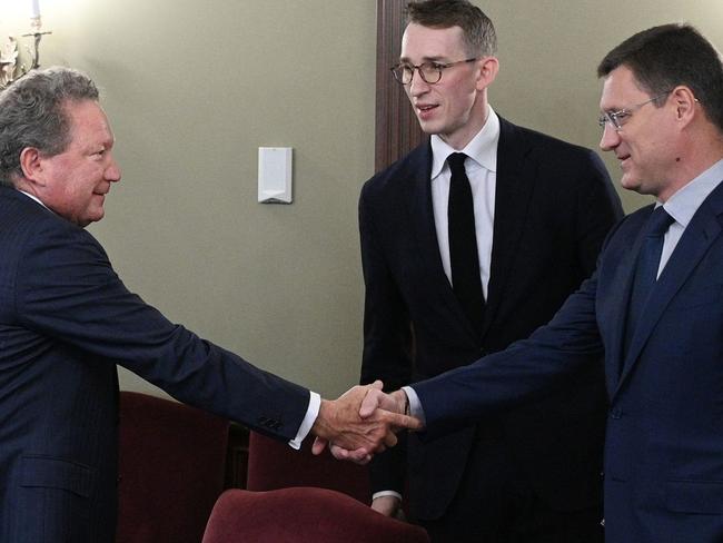 Andrew Forrest, left, meets Alexander Novak in June 2021.