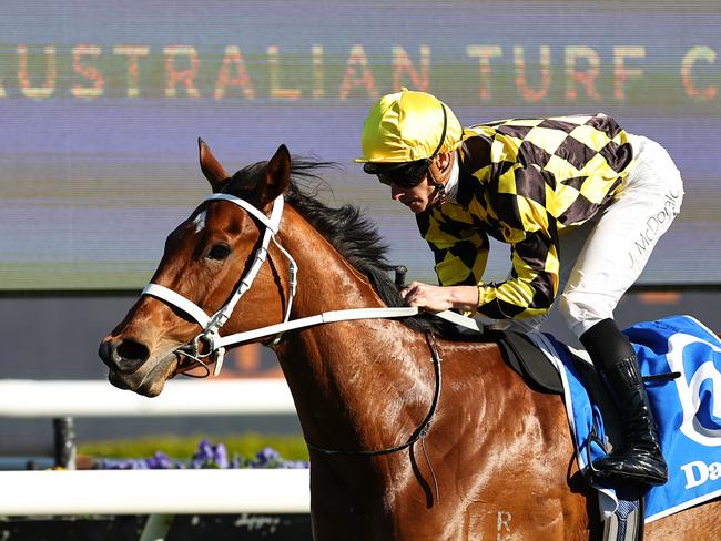 SYDNEY, AUSTRALIA - SEPTEMBER 21: James McDonald riding Autumn Glow wins Race 7 Darley Tea Rose Stakes during "Sydney Surf To Turf Day" - Sydney Racing at Royal Randwick Racecourse on September 21, 2024 in Sydney, Australia. (Photo by Jeremy Ng/Getty Images)