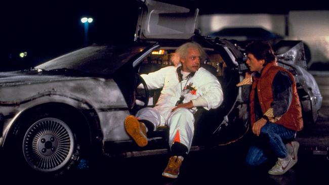 Christopher Lloyd as Dr Emmett Brown and Michael J. Fox as Marty McFly in the 1985 film.