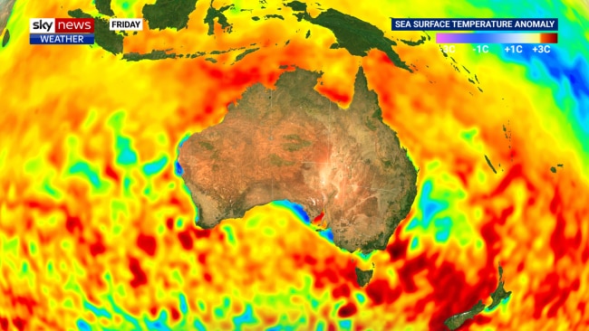 Sea surface temperature anomalies on Friday 22nd April. Red shows warmer than normal waters surrounding Australia.