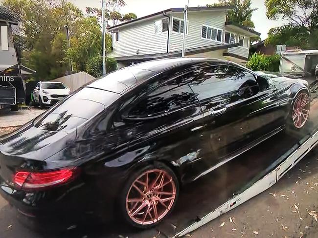 A Mercedes sedan allegedly involved in a police pursuit that ended in Consul Rd, at Narraweena after it was stolen from a home at Killara on Friday, January 31, 2025.