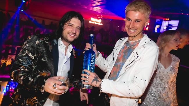 Bachie Jed McIntosh with great mate George Christoudias at Ms Collins nightclub. Picture: Achilles Prinos Photography