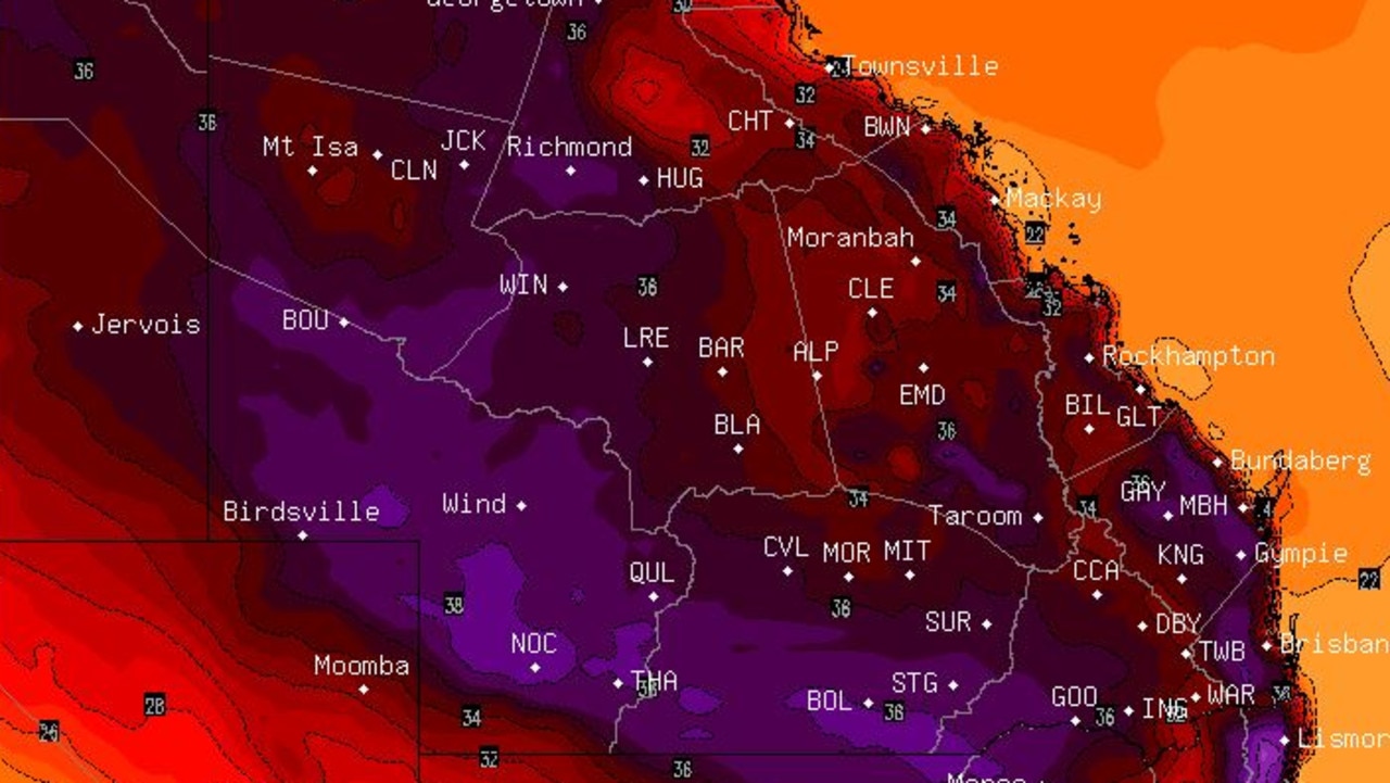 A BSCH weather forecast map shows the entire state of Queensland turning a dark purple colour due to extreme heat. Picture: BSCH