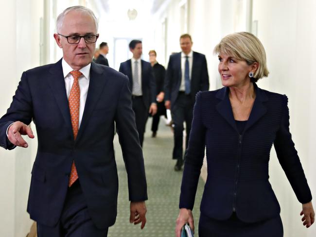 Malcolm Turnbull and Julie Bishop following the vote for Scott Morrison to become the 30th Prime Minister of Australia. Picture: AP