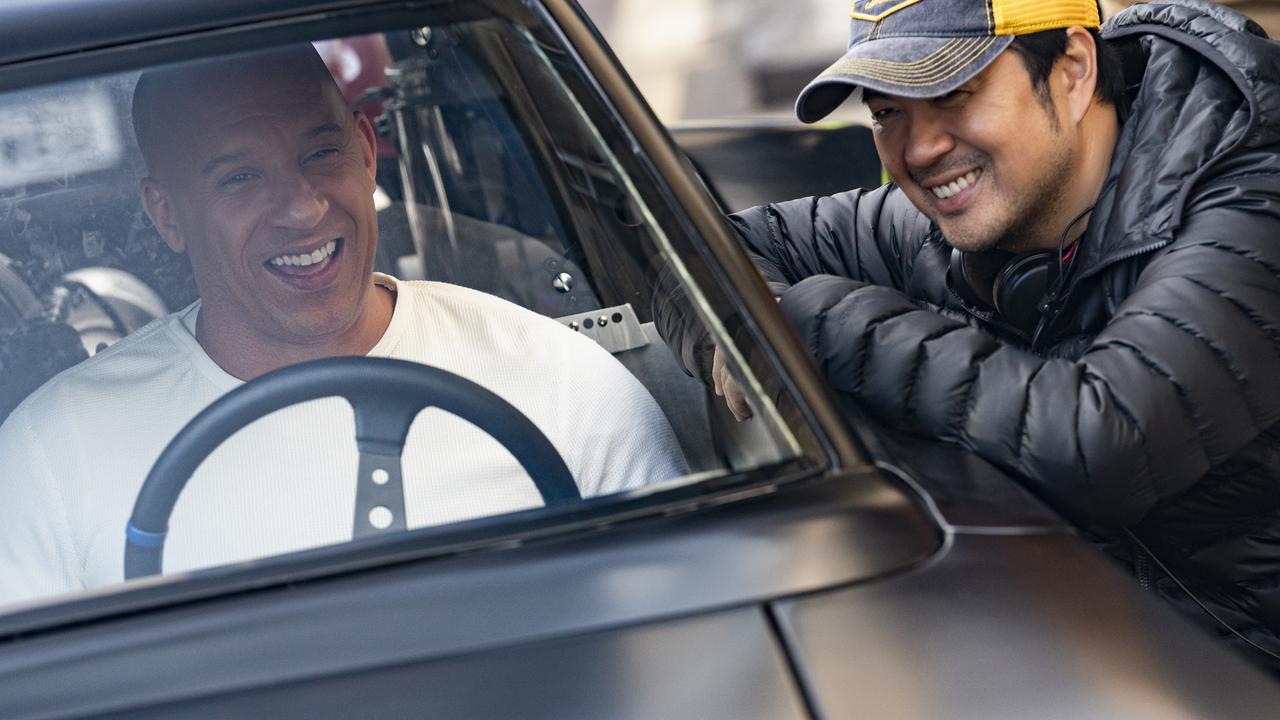 Director Justin Lin and star Vin Diesel on the set of F9.