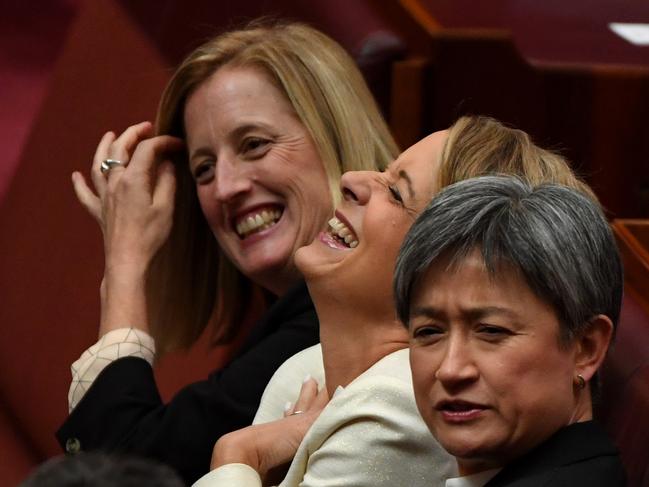 Senators Katy Gallagher, Kristina Keneally and Penny Wong in the Senate in 2019.