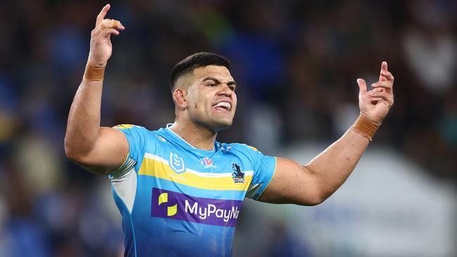 GOLD COAST, AUSTRALIA - AUGUST 04: David Fifita of the Titans reacts during the round 23 NRL match between Gold Coast Titans and New Zealand Warriors at Cbus Super Stadium on August 04, 2023 in Gold Coast, Australia. (Photo by Chris Hyde/Getty Images)