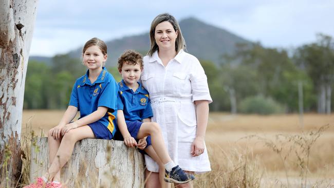 Kristen Michelmore with children Ivy, 8, and Ari, 6, who attend Valkyrie State School. Photo: Tara Croser.