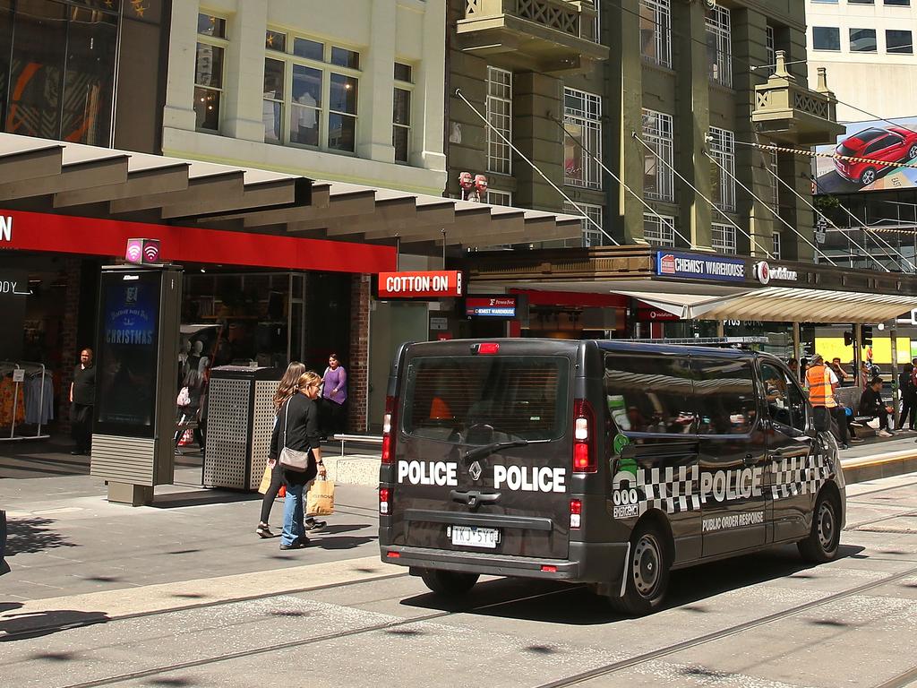 Victoria Police Public Order Response Team vehicles have been patrolling Melbourne’s CBD since the attack. Picture: Scott Barbour