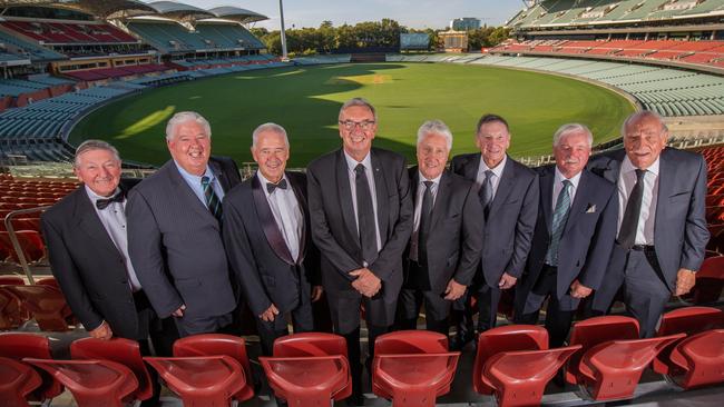 Port Adelaide season launch and hall of fame (Left to Right)Tony Hobby, Phil Hoffmann, Rob Hoey, Greg Boulton , Brian Cunningham , Frank Hayter, Jim Nitschke, David Judd. Pictured on Feb 22 2023. Picture: Ben Clark