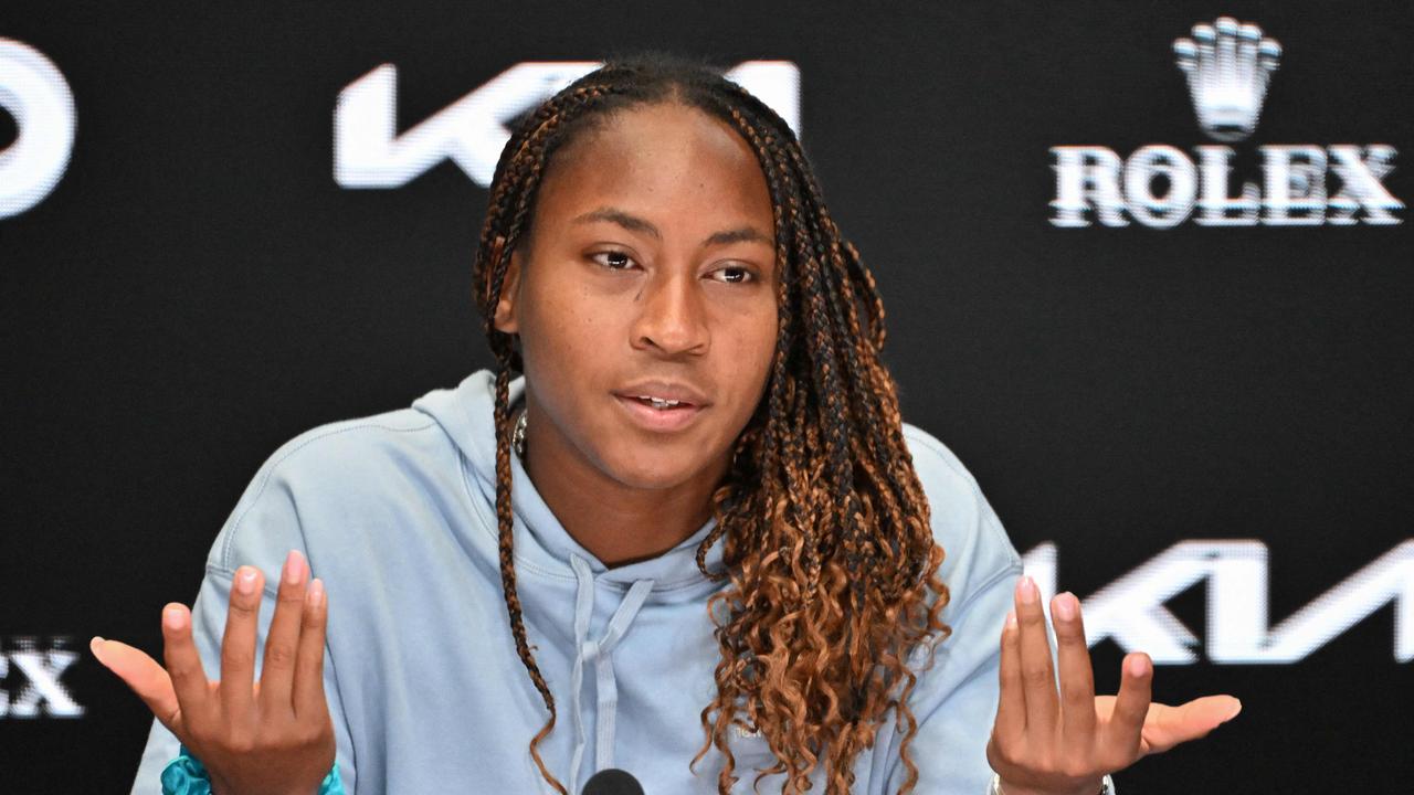 Coco Gauff speaking after her loss to Aryna Sabalenka. (Photo by Saeed KHAN / AFP)