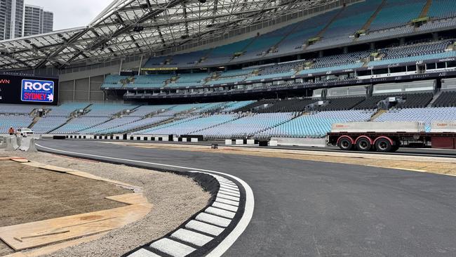 2025 Race of Champions circuit build at Accor Stadium. Picture: David McCowen