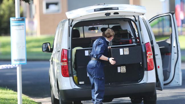 The crime scene in Hamilton South, Newcastle, where a man was shot dead at the front door of his apartment block on Tuesday night. Picture by Peter Lorimer.