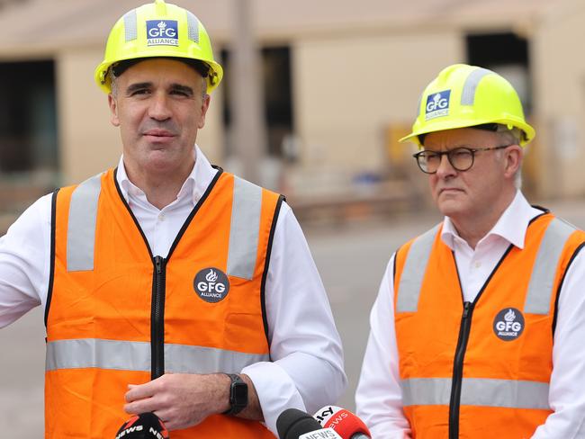 ADELAIDE, AUSTRALIA - NewsWire Photos September 25 2023: Australian Prime Minister Anthony Albanese and South Australian Premier Peter Malinauskas speak to the media during a visit to the Whyalla steelworks. NCA NewsWire / David Mariuz