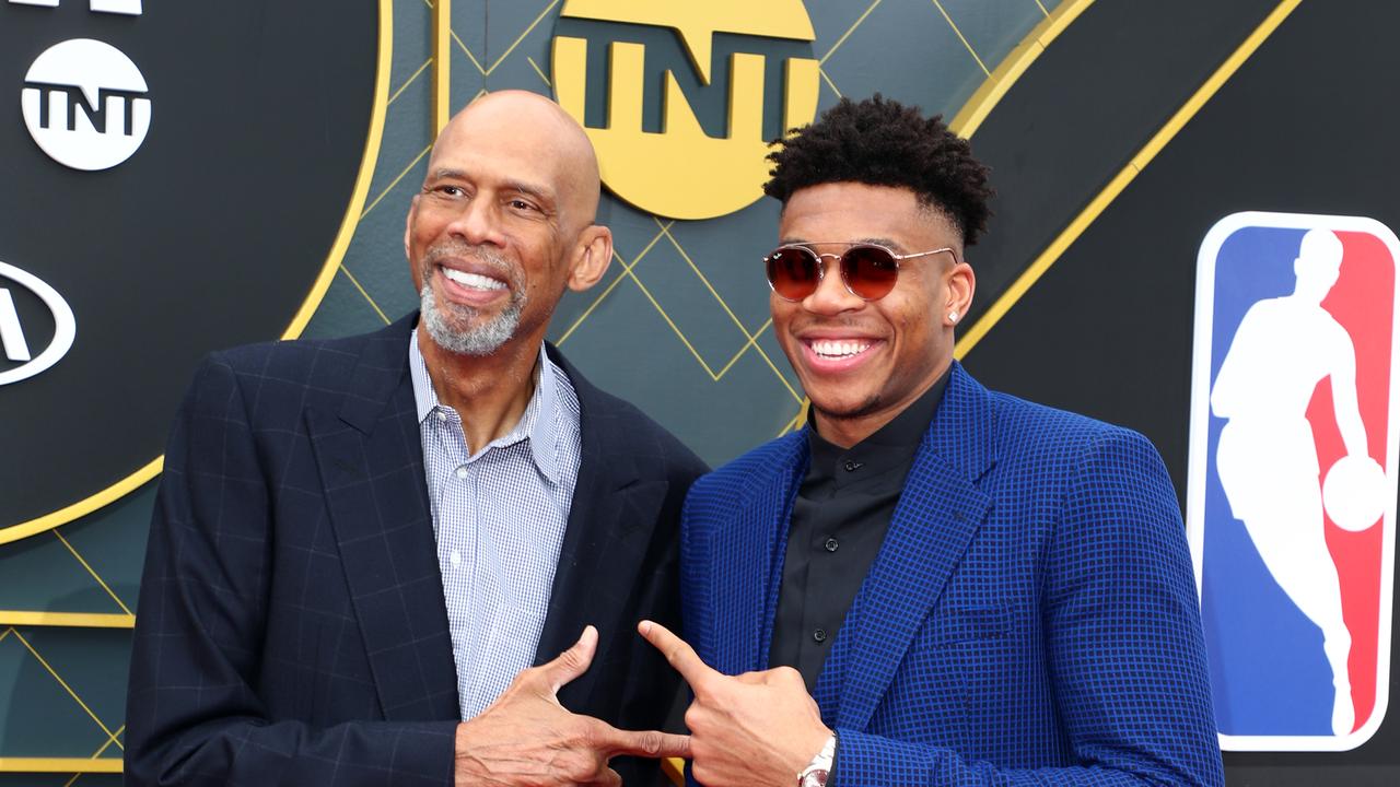 Kareem Abdul-Jabbar and Giannis Antetokounmpo. Photo by Joe Scarnici/Getty Images for Turner Sports.