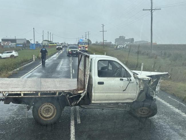 Both lanes of the New England Hwy near Nobby have been closed after a three-vehicle crash occurred just after midday on Tuesday, March 26, 2024. Photo: Supplied