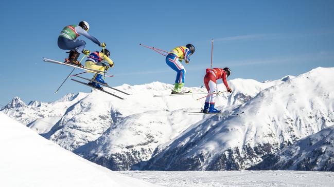 Competitors in action during the FIS Ski Cross World Cup Men's and Women's Ski Cross in St Moritz, Switzerland. Picture: Millo Moravski/Agence Zoom/Getty Images