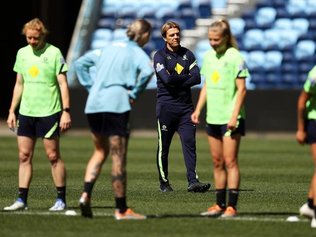 Matildas coach Tony Gustavsson keeps an eye on training ahead of Australia’s match against Canada on Tuesday night. Picture: Mark Kolbe / Getty Images