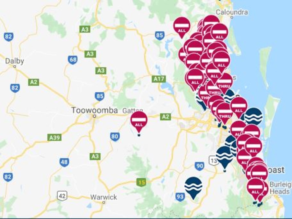 Brisbane, Gold Coast, southeast Qld roads closed to flooding The