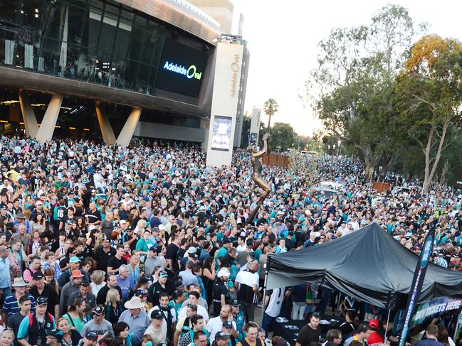 A sea of footy fans leaves Adelaide Oval after a Showdown in 2014 — the first year that football was played in the redeveloped stadium. Picture: Tom Huntley