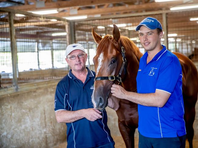 Father and son team Toby and Trent Edmonds with Wisdom Of Water ahead of Magic Millions race day. Picture by Luke Marsden.