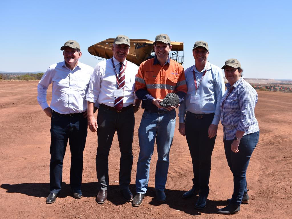 Former Queensland Resources Council chief executive Ian Macfarlane, Burdekin MP Dale Last, former Resources Minister Matt Canavan, former Mines Minister Dr Anthony Lynham and former Isaac Mayor Anne Baker at the official opening of Byerwen mine.