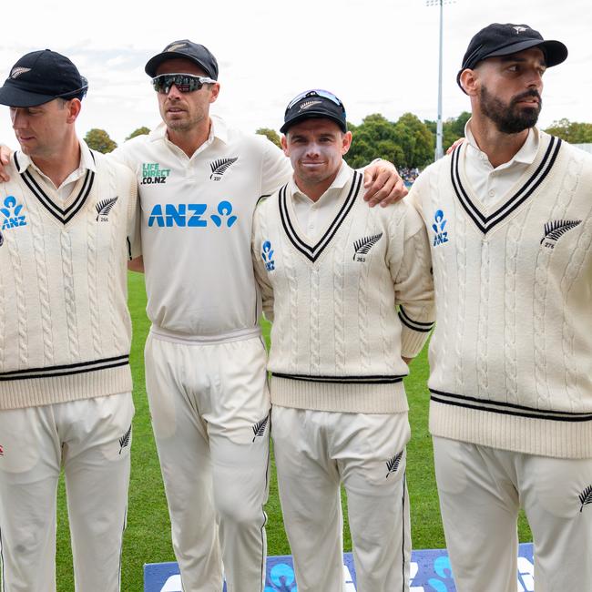 Matt Henry, Tim Southee, Tom Latham (centre-right) and Daryl Mitchell during day four in Christchurch, New Zealand. Picture: Kai Schwoerer/Getty Images