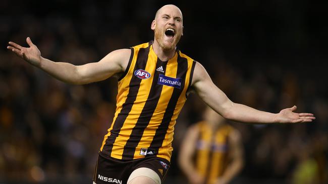 Jarryd Roughead goes out in style, celebrating his sixth goal in his last game against Gold Coast. Picture: Michael Klein