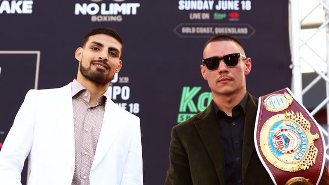 GOLD COAST, AUSTRALIA – JUNE 16: Tim Tszyu and Carlos Ocampo face off during the official press conference at Pacific Fair on June 16, 2023 in Gold Coast, Australia. (Photo by Chris Hyde/Getty Images)