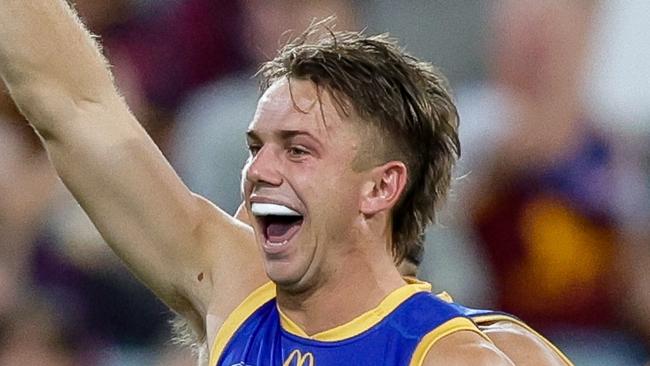 BRISBANE, AUSTRALIA - MAY 05: Harry Sharp of the Lions celebrates a goal during the 2024 AFL Round 08 match between the Brisbane Lions and the Gold Coast SUNS at The Gabba on May 05, 2024 in Brisbane, Australia. (Photo by Russell Freeman/AFL Photos via Getty Images)