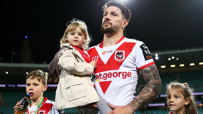 Gareth Widdop with his kids after his final game for the Dragons in 2019.