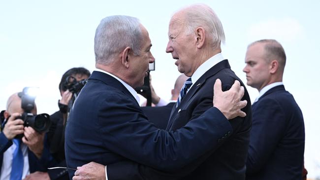 Israel’s Benjamin Netanyahu, left, greets US President Joe Biden at Tel Aviv’s Ben Gurion Airport on Wednesday. Picture: AFP