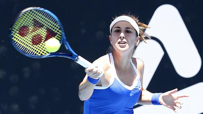 Switzerland’s Belinda Bencic returns a forehand against Russia’s Daria Kasatkina. Picture: Sarah Reed