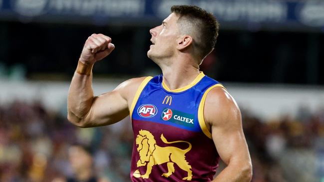 BRISBANE, AUSTRALIA - MARCH 08: Dayne Zorko of the Lions celebrates a goal during the 2024 AFL Opening Round match between the Brisbane Lions and the Carlton Blues at The Gabba on March 08, 2024 in Brisbane, Australia. (Photo by Russell Freeman/AFL Photos via Getty Images)