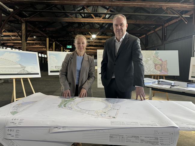 Anne Beach from the Mac Point Development Corporation with Sports Minister Nick Street as application for proposed Macquarie Point Stadium is released. Picture: Nikki Davis-Jones