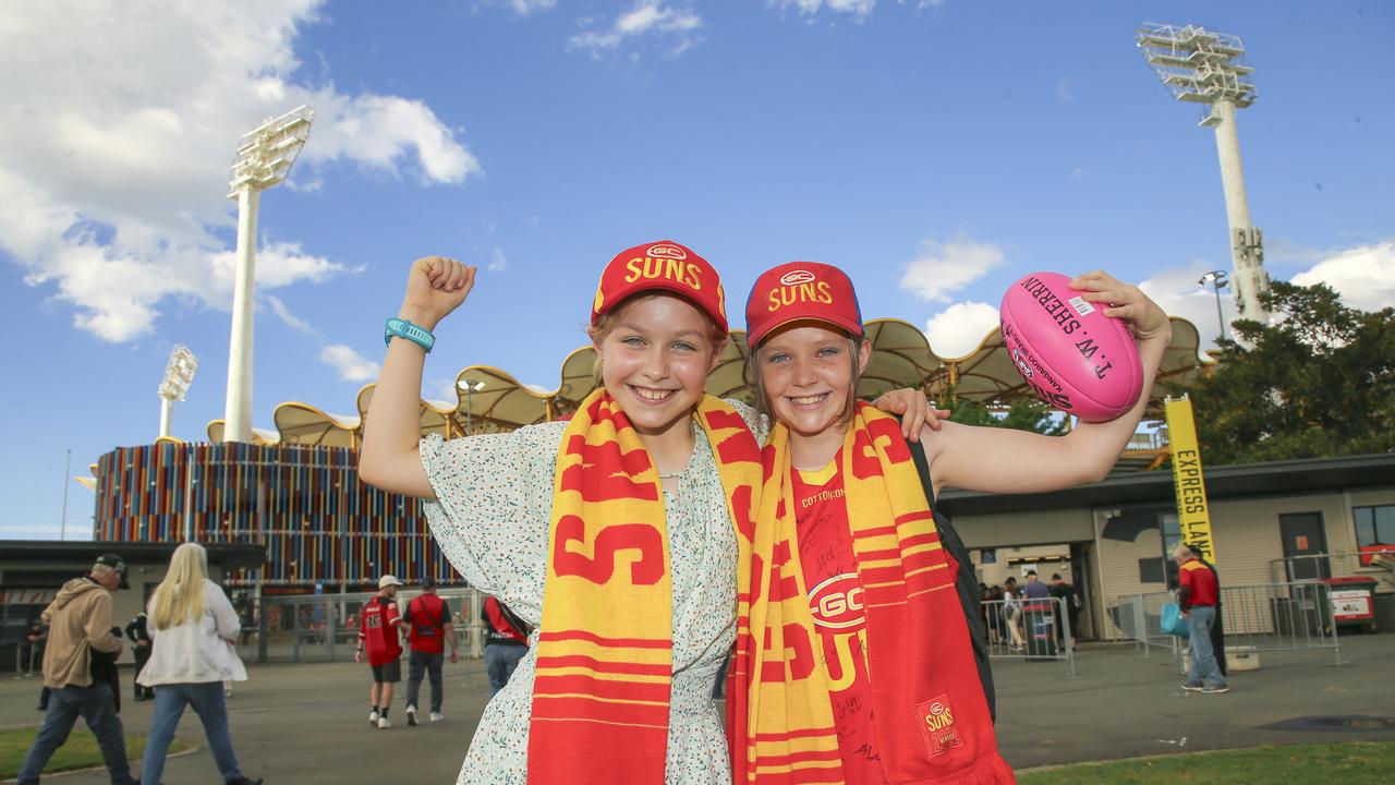 Gabby and Layla Graham as the Gold Coast Suns V Essendon at People First Stadium Carrara. Picture: Glenn Campbell