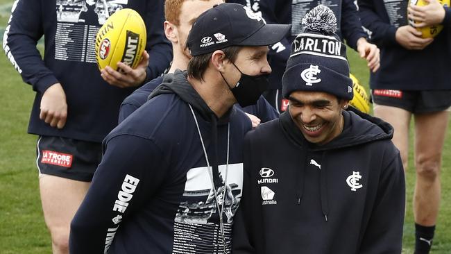 Carlton coach David Teague and Eddie Betts at Blues training on Tuesday. Picture: Getty Images