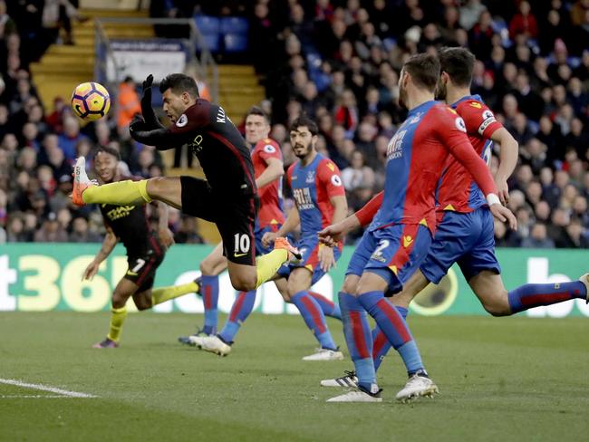 Manchester City's Sergio Aguero attempts to shoot.