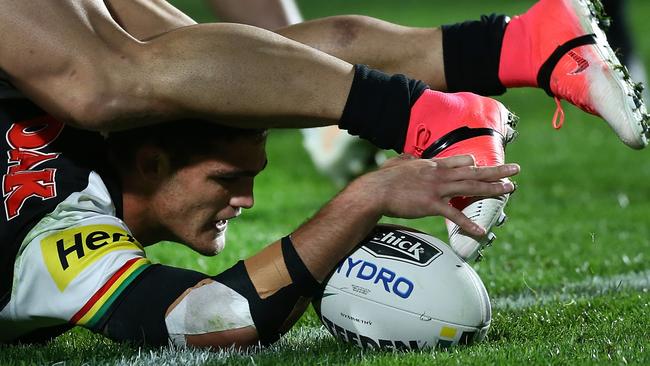 Nathan Cleary of the Panthers touches down a try during the Round 19 NRL match between the New Zealand Warriors and Penrith Panthers at Mount Smart Stadium in Auckland, New Zealand on Friday, July 14, 2017. (AAP Image/David Rowland) NO ARCHIVING, EDITORIAL USE ONLY