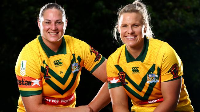 Jillaroos teammates Steph Hancock and Renae Kunst prepare for their final game together. Picture: Adam Head